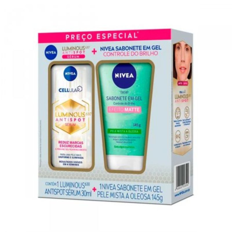 Kit-Nivea-Luminous630-Serum-Intensivo-30-ml---Sabonete-em-Gel-Controle-do-Brilho-145g