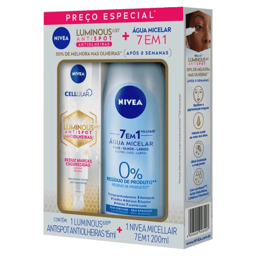 Kit-Creme-Nivea-Cellular-Luminous630º-Antispot-Antiolheiras-15ml---Agua-Micelar-Nivea-MicellAir-7-em-1-200ml