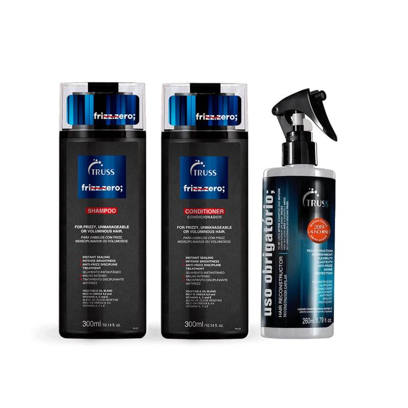 Kit-Truss-Shampoo---Condicionador-Truss-Frizz-Zero-300ml---Spray-de-Tratamento-Uso-Obrigatorio-260ml