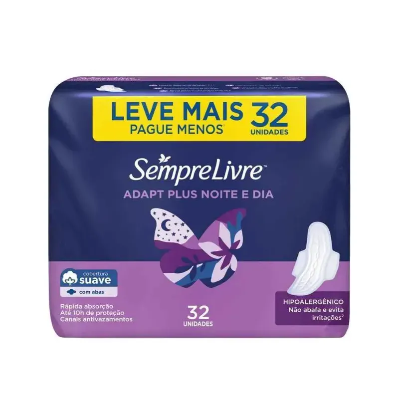 Absorvente-Externo-Sempre-Livre-Adapt-Plus-Noite-e-Dia-Cobertura-Seca-com-Abas-32-unidades---Imagem-