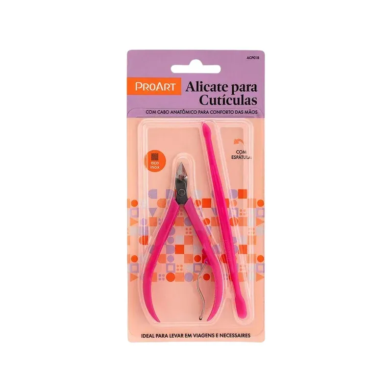 Alicate de Cutícula Cabo Plástico Rosa com Espátula Proart 1